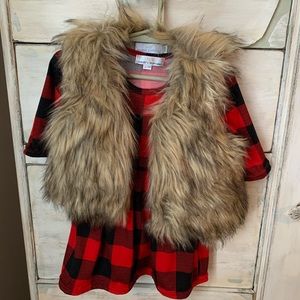 Buffalo plaid dress with faux fur vest